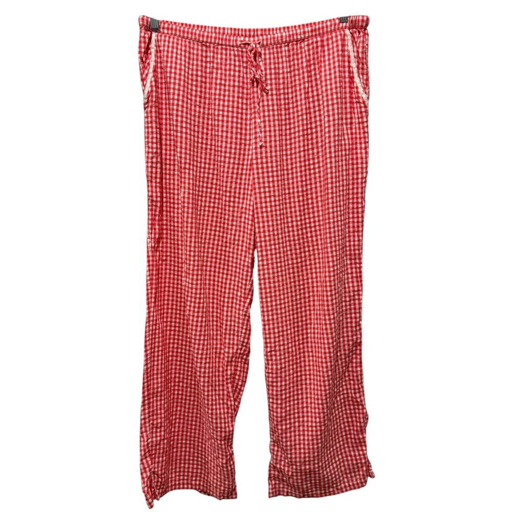 Aerie Seersucker Lounge Pajama Pant XL Red White Gingham Check Crochet Trim Boho